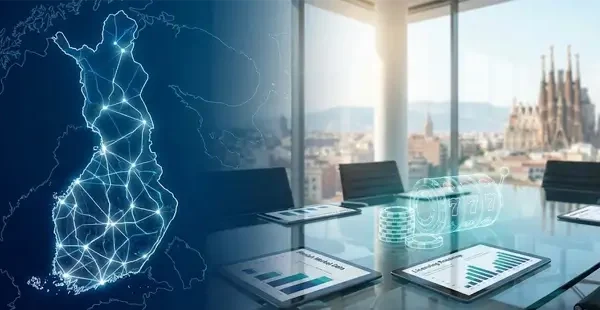 A professional boardroom featuring a glowing digital map of Finland and tablets displaying market analytics and RNG-based game icons against a Barcelona skyline background.