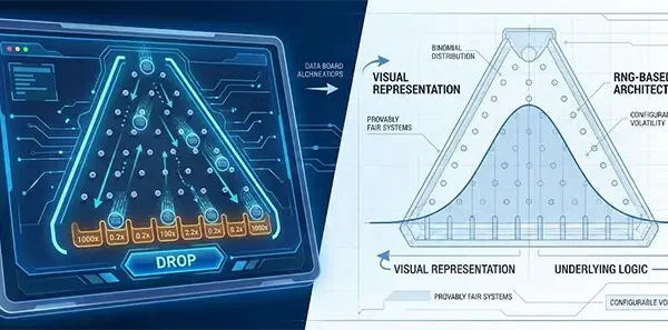 A wide header image illustrating a digital Plinko game interface on the left and a technical schematic of a binomial distribution bell curve on the right, representing the relationship between visual gameplay and underlying algorithmic probability.