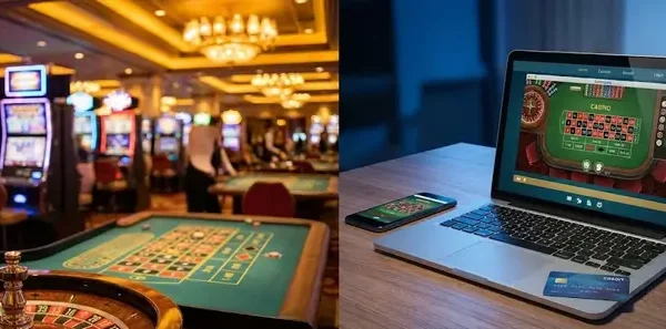 A side-by-side comparison showing a luxury land-based casino floor with a roulette wheel and slot machines next to a modern laptop and smartphone displaying digital casino interfaces.