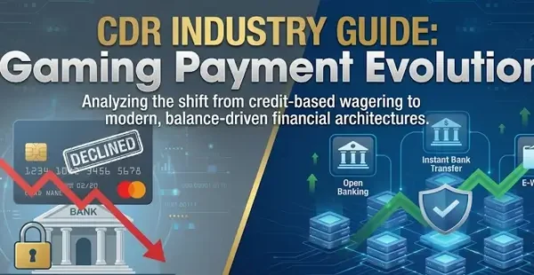 Analytical infographic detailing the iGaming payment evolution, contrasting the decline of credit card wagering with the rise of secure, balance-driven architectures like Open Banking and instant bank transfers