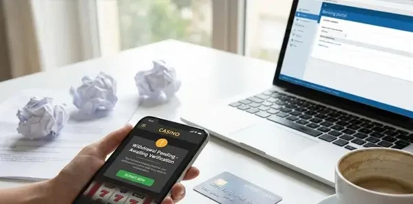 A person holding a mobile device displaying a "Withdrawal Pending" notification due to identity verification requirements, situated on a desk next to a laptop showing a banking dashboard and a payment card.