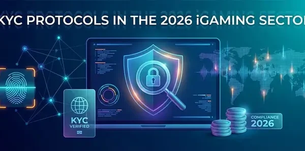 A high-tech digital interface displaying biometric fingerprint scanning, a secure shield icon with a magnifying glass, and a global map representing 2026 iGaming KYC and AML compliance standards.