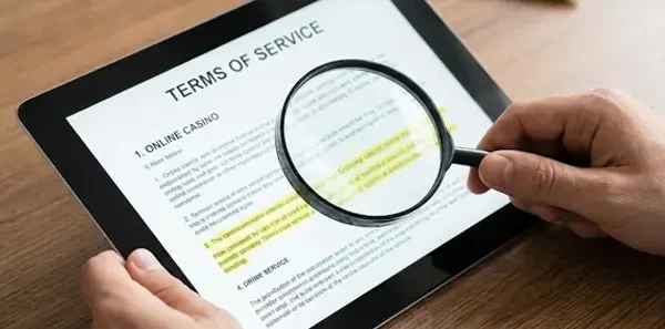 A senior analyst examines the terms of service of an iGaming platform using a magnifying glass to identify predatory terms and verify RNG-based outcomes.