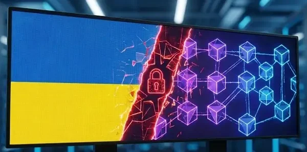 A digital display showing the Ukrainian flag on one side and a glowing blockchain network on the other, separated by a red digital barrier and a lock icon to symbolize a regulatory block.