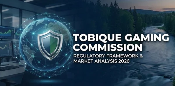 Digital visualization of the Tobique Gaming Commission regulatory framework, featuring a security shield icon over a global network globe and a scenic view of the Tobique River, representing the sovereign 2023 legislative oversight.